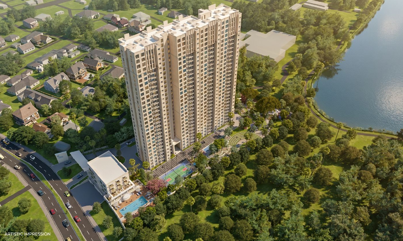 Aerial amid greenery and lake — artistic impression