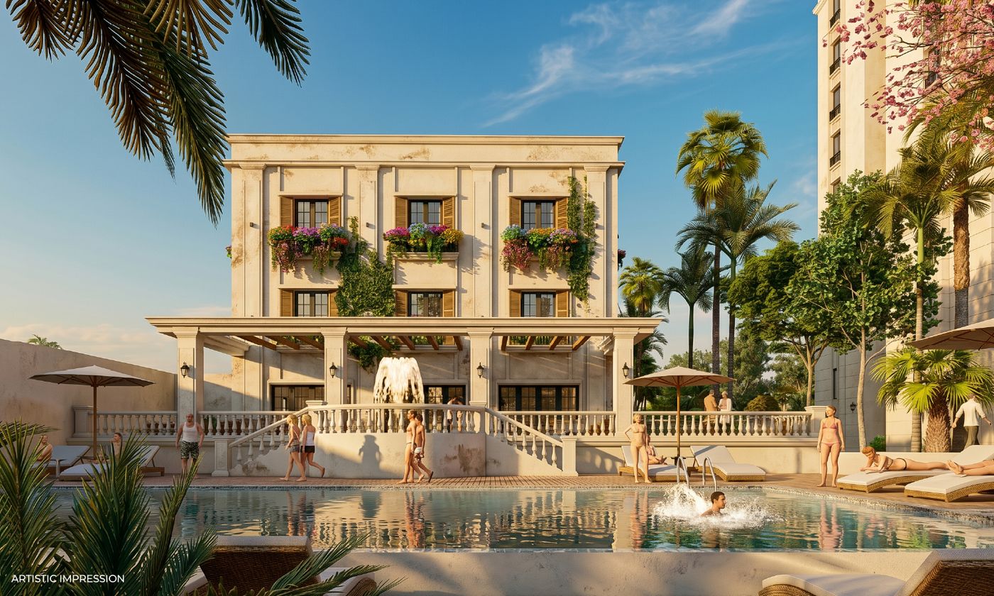 Club Evolve clubhouse and pool — artistic impression